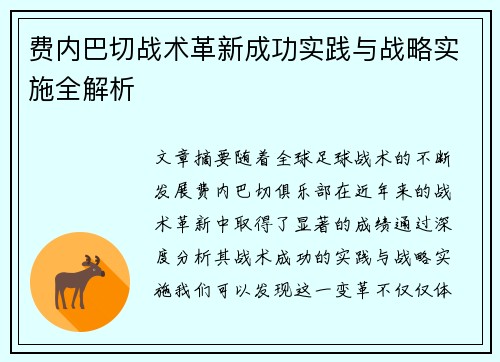 费内巴切战术革新成功实践与战略实施全解析 费内巴切战术革新成功实践与战略实施全解析