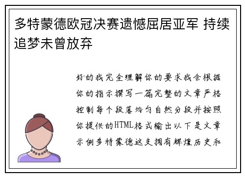 多特蒙德欧冠决赛遗憾屈居亚军 持续追梦未曾放弃
